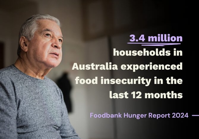 Image of man in kitchen with text overlayed saying 3.4 million households in Australia are food insecure